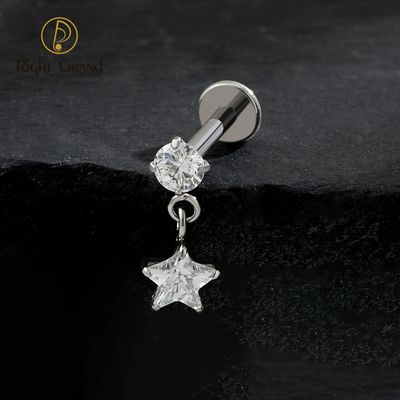 Right Grand ASTM F136 Titanium Internal Thread CZ Dangle Star Cubic Zirconia Flat Back Stud Earring 16G Helix Tragus Cartilage Lip Piercing
