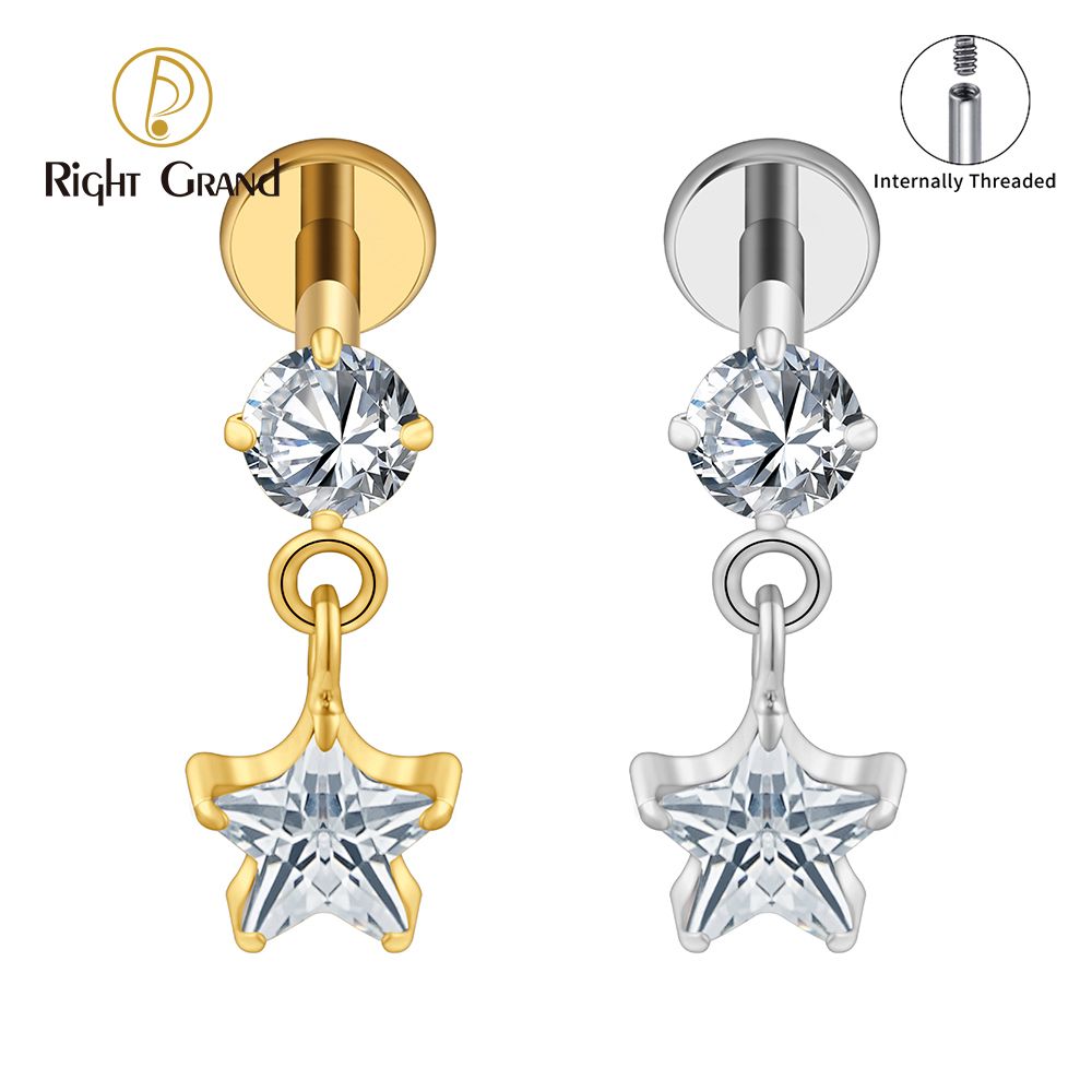 Right Grand ASTM F136 Titanium Internal Thread CZ Dangle Star Cubic Zirconia Flat Back Stud Earring 16G Helix Tragus Cartilage Lip Piercing