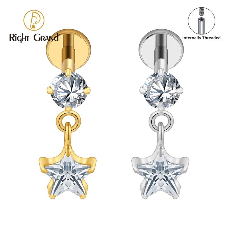 Right Grand ASTM F136 Titanium Internal Thread CZ Dangle Star Cubic Zirconia Flat Back Stud Earring 16G Helix Tragus Cartilage Lip Piercing