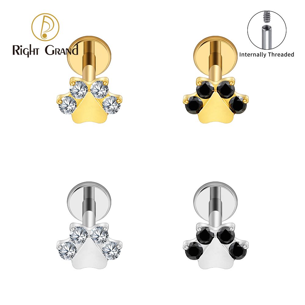 Right Grand ASTM F136 Titanium Internal Thread Tiny Cat Paw Print Stud Earring 16G Helix Stud Tragus Cartilage Labret Monroe Piercing Jewelry