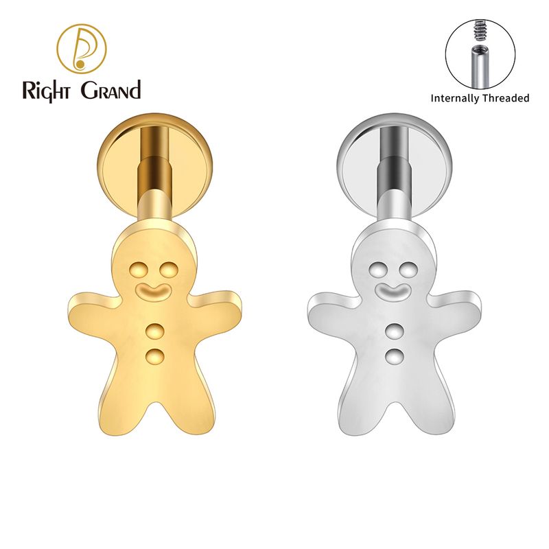 Right Grand ASTM F136 Titanium Internal Thread Cute Gingerbread Man Stud Earring 16G Helix Stud Tragus Cartilage Labret Monroe Piercing Jewelry