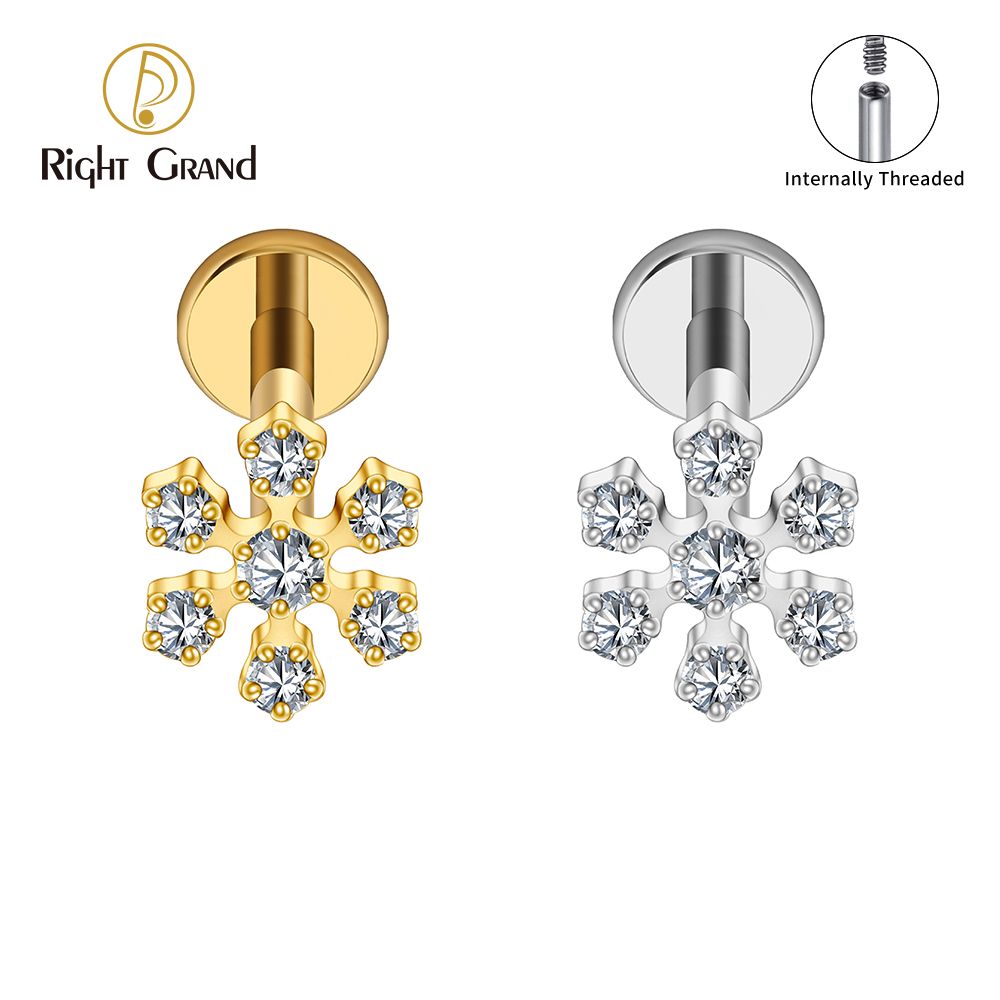 Right Grand ASTM F136 Titanium Internal Thread Snowflake Stud Earring 16G Helix Stud Tragus Cartilage Labret Monroe Piercing Jewelry
