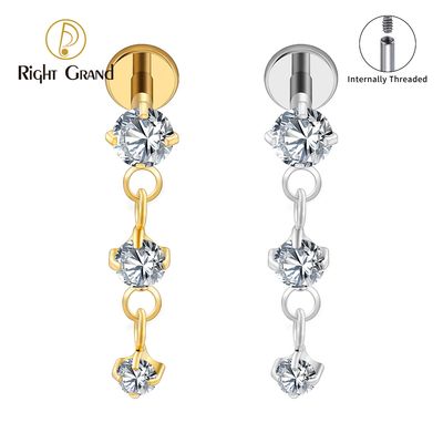Right Grand ASTM F136 Titanium 16G Internal Thread Triple CZ Dangle Chain Labret Stud Waterdrop Tragus Cartilage Earring Flatback Helix Piercing