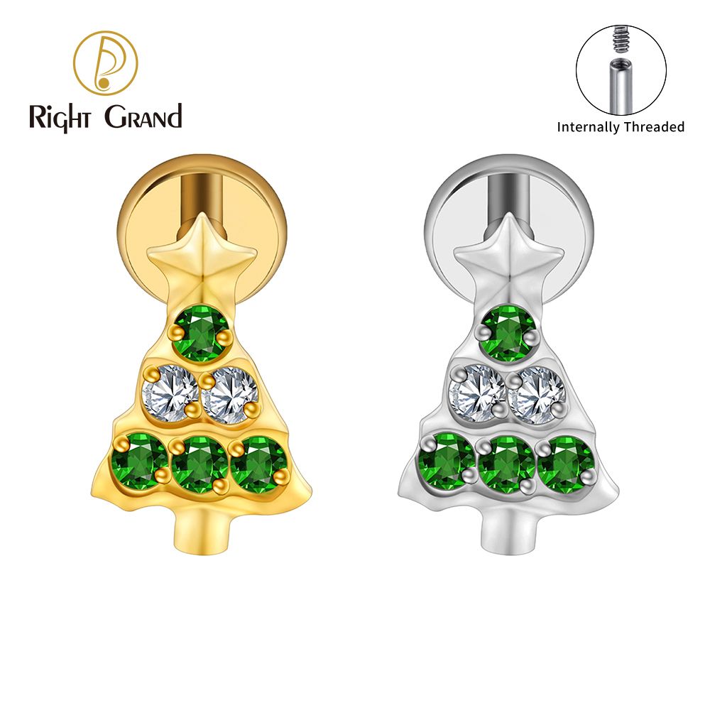 Right Grand ASTM F136 Titanium Internal Thread Christmas Tree Stud Earring 16G Helix Stud Tragus Cartilage Labret Monroe Piercing Jewelry