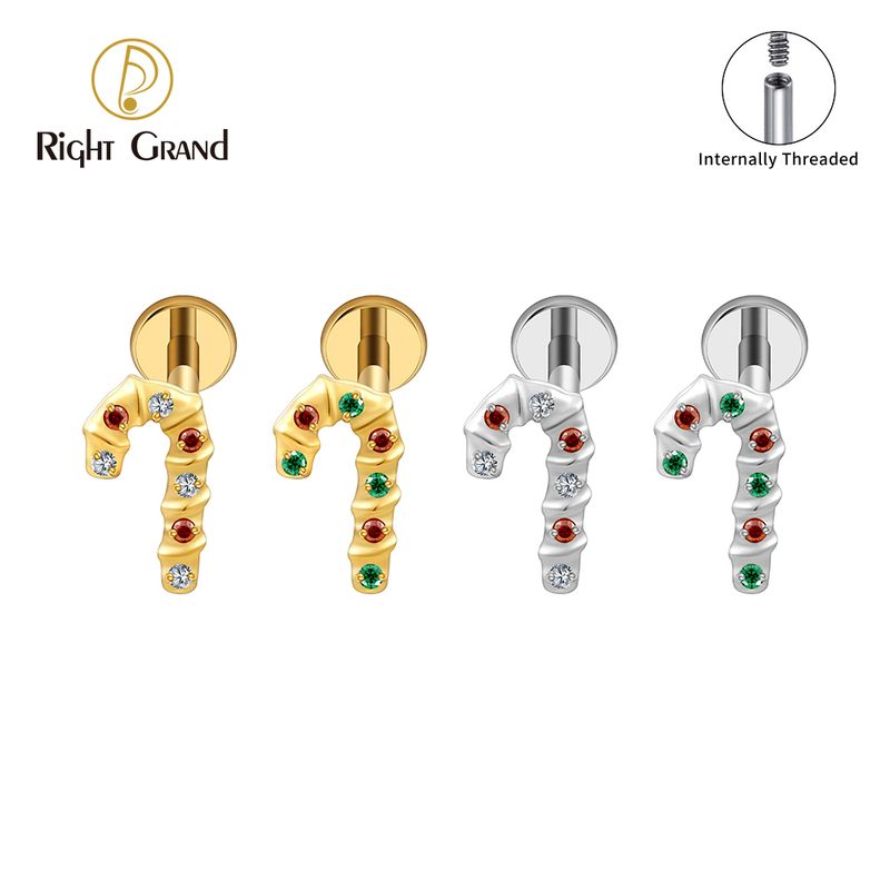 Right Grand ASTM F136 Titanium Internal Thread Christmas Cane Stud Earring 16G Helix Stud Tragus Cartilage Labret Monroe Piercing Jewelry