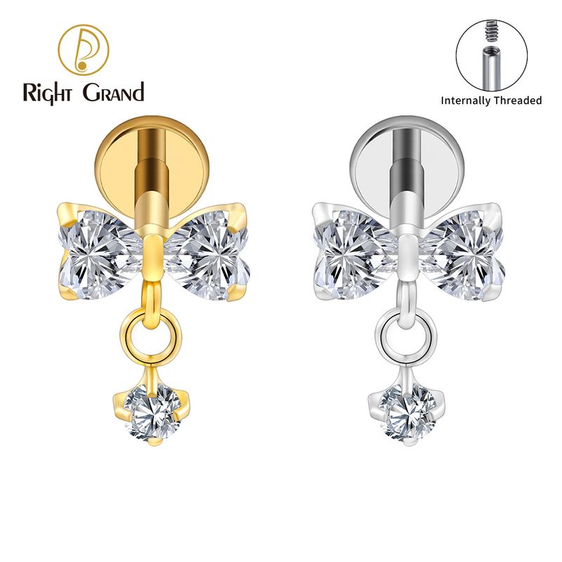 Right Grand ASTM F136 Titanium Internal Thread CZ Dangle Bowknot Cubic Zirconia Flat Back Stud Earring 16G Helix Tragus Cartilage Lip Piercing