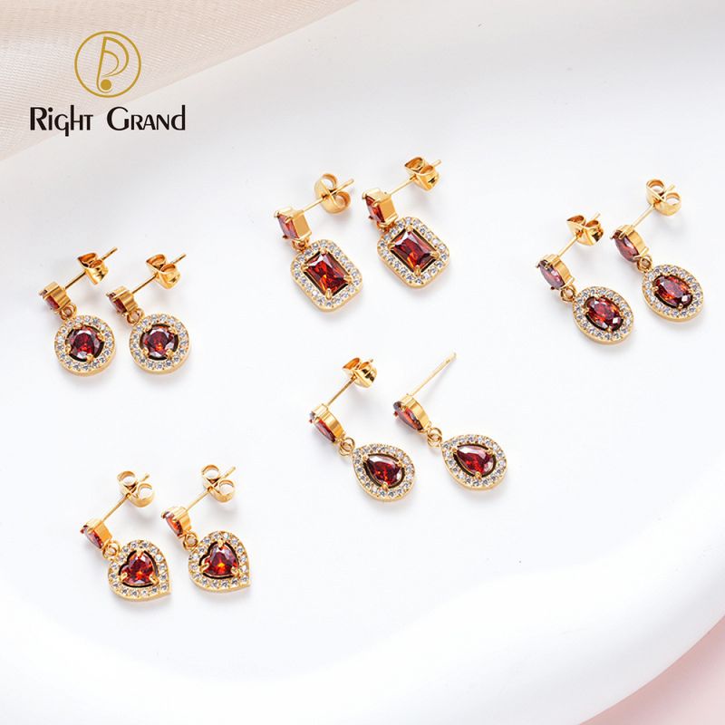 Right Grand Heart 18K Gold Plated Stainless Steel Stud Earrings Women 3A Red Zircon Drop Earring Luxury Fashion Jewelry Gift Dangle Earrings