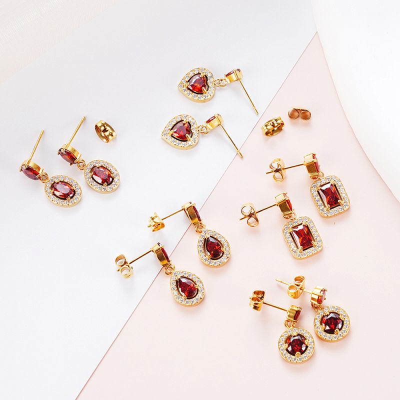 Right Grand Heart 18K Gold Plated Stainless Steel Stud Earrings Women 3A Red Zircon Drop Earring Luxury Fashion Jewelry Gift Dangle Earrings