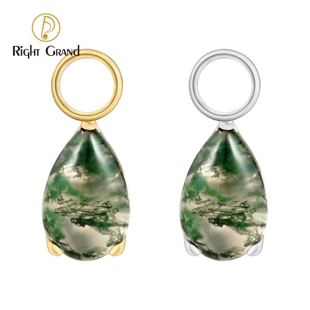 Right Grand ASTM F136 Titanium Pear Moss Agate Dangle Chain Earring Charm Pendant for Upper Lobe Clicker Piercing Jewelry