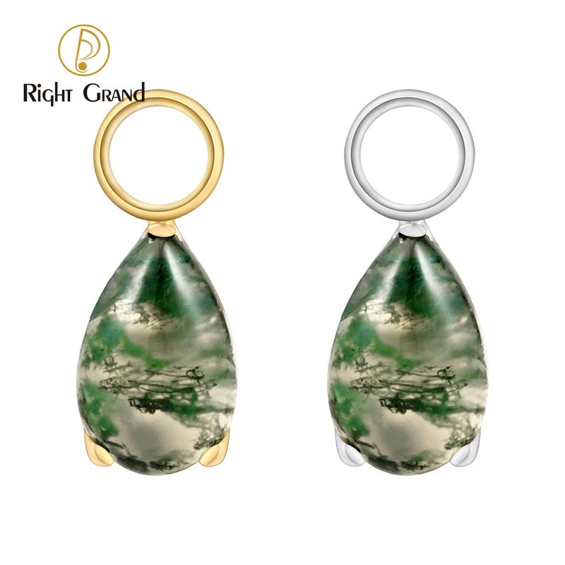 Right Grand ASTM F136 Titanium Pear Moss Agate Dangle Chain Earring Charm Pendant for Upper Lobe Clicker Piercing Jewelry