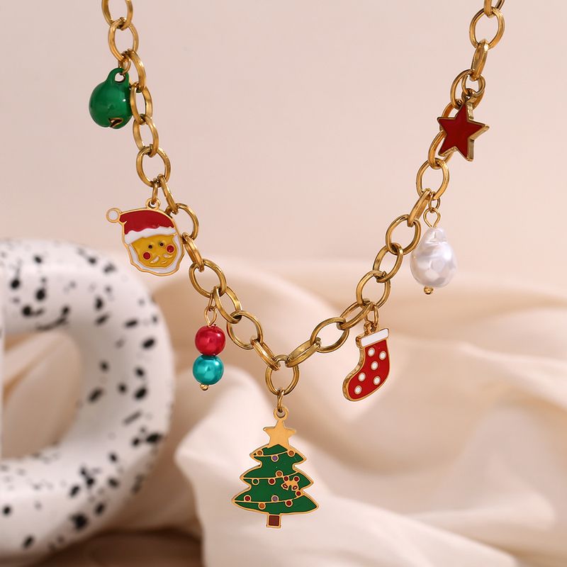 Right Grand Holiday Christmas Necklace Women Stainless Steel Pendant Santa Tree Sock 18K Gold Plated O Shape Chain Fashion Jewelry for Gift