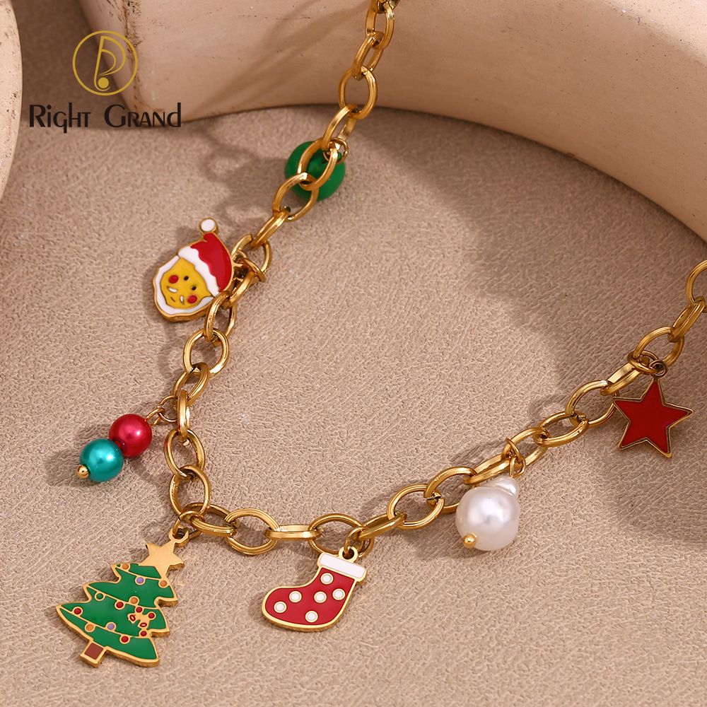 Right Grand Holiday Christmas Necklace Women Stainless Steel Pendant Santa Tree Sock 18K Gold Plated O Shape Chain Fashion Jewelry for Gift