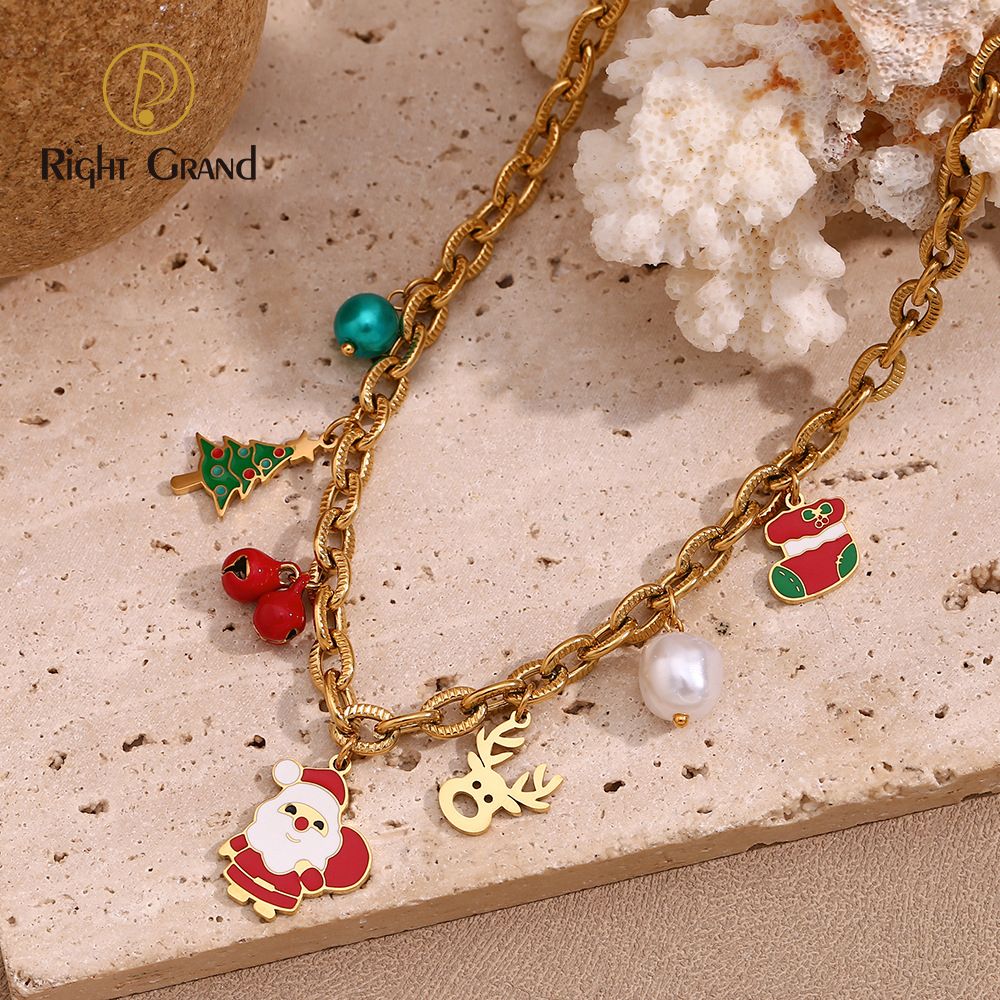Right Grand Holiday Christmas Necklace Women Stainless Steel Pendant Santa Tree Sock 18K Gold Plated O Shape Chain Fashion Jewelry for Gift