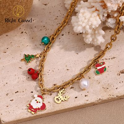 Right Grand Holiday Christmas Necklace Women Stainless Steel Pendant Santa Tree Sock 18K Gold Plated O Shape Chain Fashion Jewelry for Gift