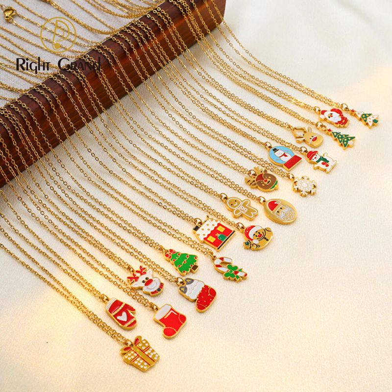 Right Grand Cute Enamel Christmas Pendant Necklace Reindeer Snowman Bell Drop Oil Charm Chain Necklaces Women Fashion Holiday Party Jewelry