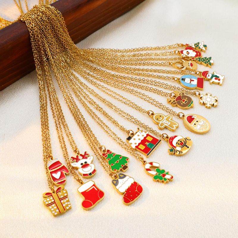 Right Grand Cute Enamel Christmas Pendant Necklace Reindeer Snowman Bell Drop Oil Charm Chain Necklaces Women Fashion Holiday Party Jewelry