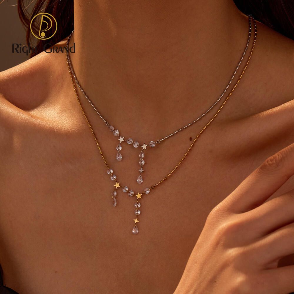 Right Grand Zircon Necklace Stainless Steel Star Pendant Tassel Charm Necklaces for Women Fashion Party Versatile Jewelry Gift
