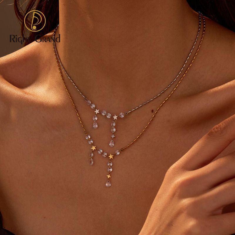 Right Grand Zircon Necklace Stainless Steel Star Pendant Tassel Charm Necklaces for Women Fashion Party Versatile Jewelry Gift