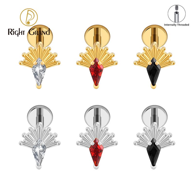 Right Grand ASTM F136 Titanium Internal Thread Spark Burst Kite Cubic Zirconia Flat Back Stud Earring 16G Helix Tragus Cartilage Lip Piercing