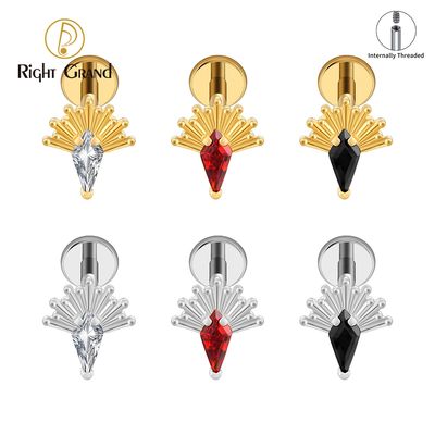 Right Grand ASTM F136 Titanium Internal Thread Spark Burst Kite Cubic Zirconia Flat Back Stud Earring 16G Helix Tragus Cartilage Lip Piercing