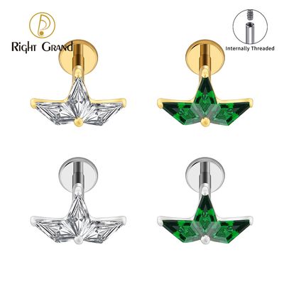 Right Grand ASTM F136 Titanium Internal Thread Triple Kite Cubic Zirconia Flat Back Stud Earring 16G Helix Tragus Cartilage Lip Piercing