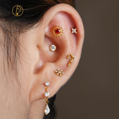Right Grand ASTM F136 Titanium Internal Thread Christmas Cane Stud Earring 16G Helix Stud Tragus Cartilage Labret Monroe Piercing Jewelry