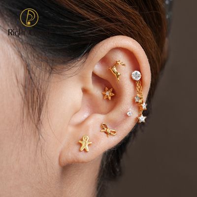 Right Grand ASTM F136 Titanium Internal Thread Cute Gingerbread Man Stud Earring 16G Helix Stud Tragus Cartilage Labret Monroe Piercing Jewelry
