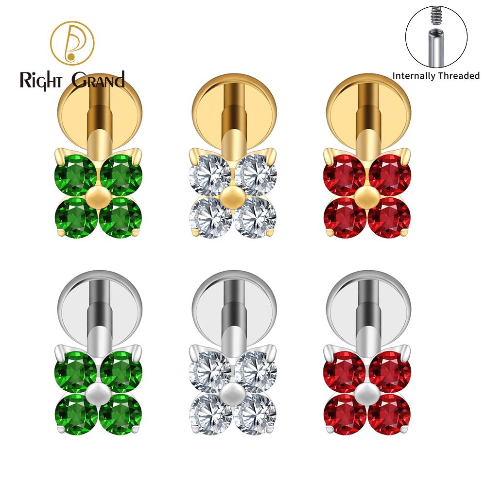 Right Grand ASTM F136 Titanium  Internal Thread Flower CZ Cartilage Earring 16G Four Leaf Helix Tragus Stud Flat Back Labret Piercing Jewelry