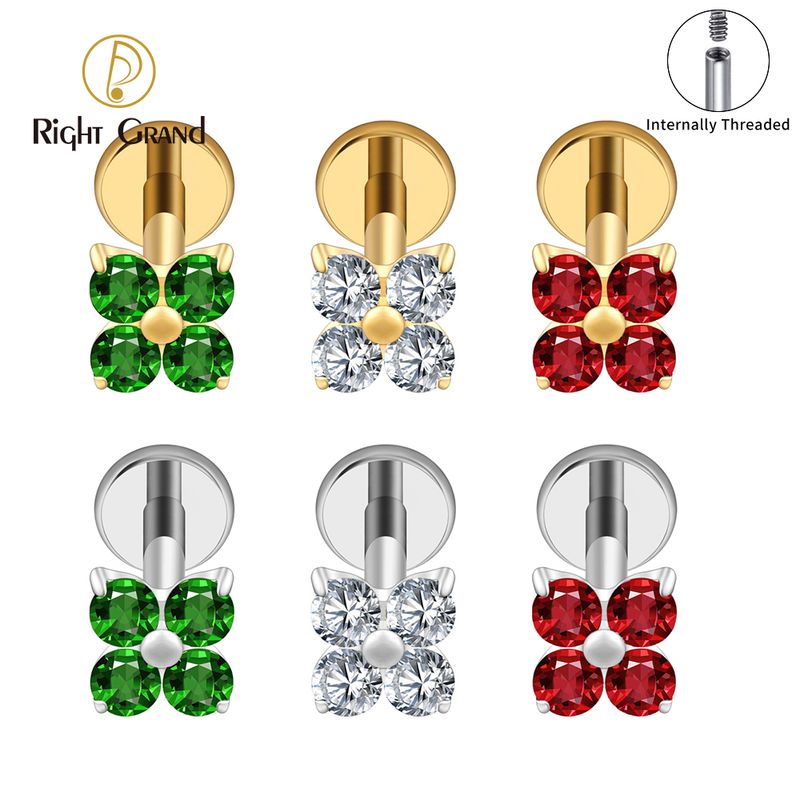 Right Grand ASTM F136 Titanium  Internal Thread Flower CZ Cartilage Earring 16G Four Leaf Helix Tragus Stud Flat Back Labret Piercing Jewelry