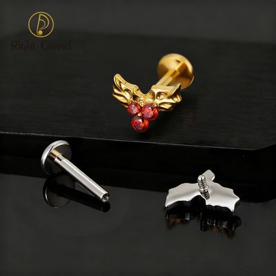 Right Grand ASTM F136 Titanium Internal Thread Christmas Holly Leaf CZ Cartilage Earring 16G Helix Tragus Stud Flat Back Labret Piercing Jewelry
