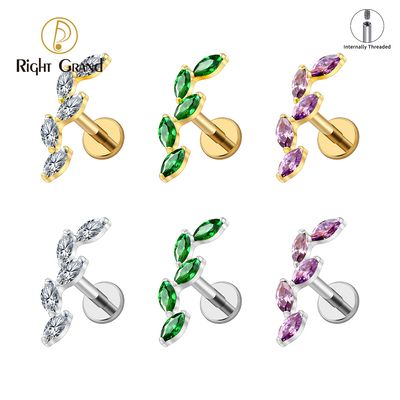 Right Grand ASTM F136 Titanium 16G Internal Thread 5 Marquise CZ Labret Stud Helix Conch Cartilage Tragus Flat Back Piercing
