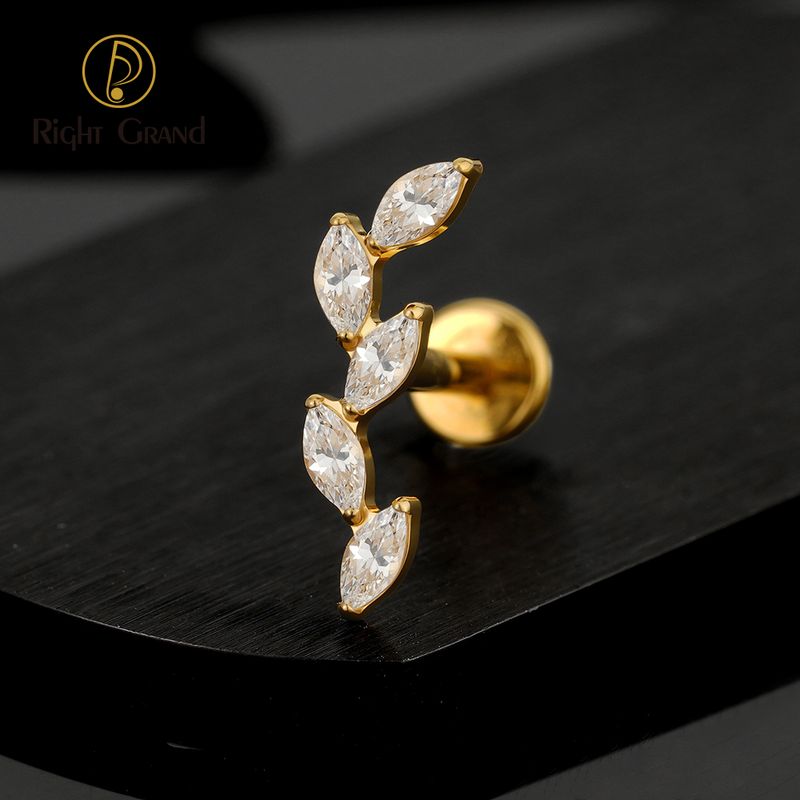 Right Grand ASTM F136 Titanium 16G Internal Thread 5 Marquise CZ Labret Stud Helix Conch Cartilage Tragus Flat Back Piercing
