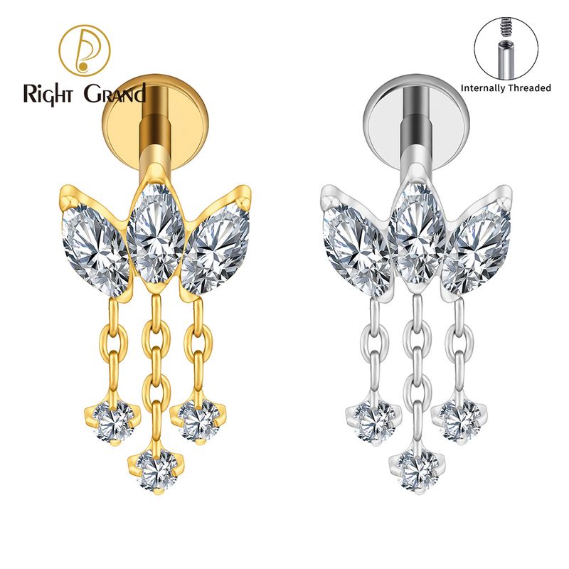 Right Grand ASTM F136 Titanium 16G Internal Thread Triple Marquise CZ Chain Dangle Labret Stud Helix Conch Cartilage Tragus Flat Back Piercing