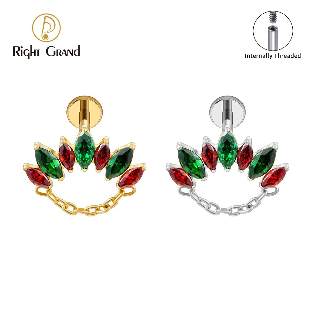 Right Grand ASTM F136 Titanium 16G Internal Thread 7 Marquise CZ Curved Labret Stud Helix Conch Cartilage Tragus Flat Back Piercing