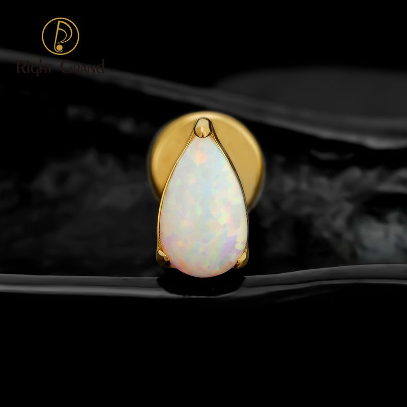 Right Grand ASTM F136 Titanium 16G Internal Thread Teardrop Opal Labret Stud Helix Conch Cartilage Tragus Flat Back Piercing