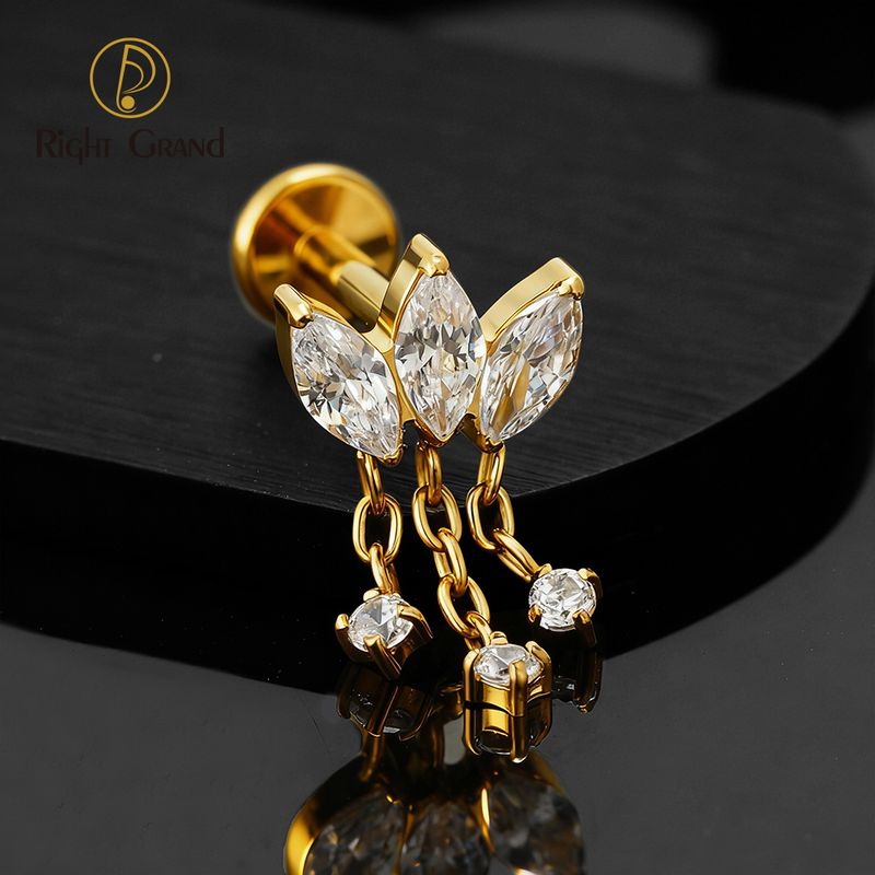 Right Grand ASTM F136 Titanium 16G Internal Thread Triple Marquise CZ Chain Dangle Labret Stud Helix Conch Cartilage Tragus Flat Back Piercing