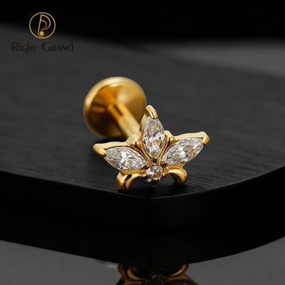 Right Grand ASTM F136 Titanium 16G Internal Thread Triple Marquise Flower CZ Moonstone Labret Stud Helix Conch Cartilage Tragus Flat Back Piercing