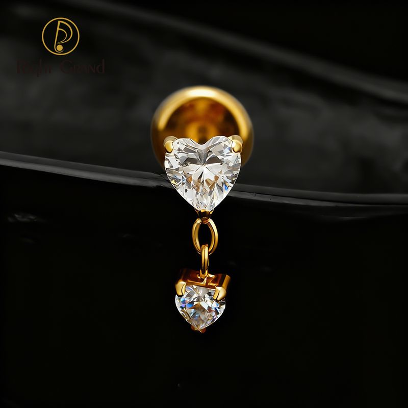 Right Grand ASTM F136 Titanium 16G Internal Thread Heart CZ Chain Dangle Labret Stud Helix Conch Cartilage Tragus Flat Back Piercing