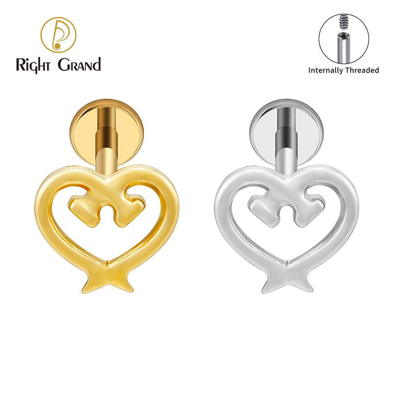 Right Grand ASTM F136 Titanium Internal Thread Heart Shaped Tacks Labret Ring 16G Flat Back Cartilage Stud Earring Conch Helix Lip Piercing Jewelry