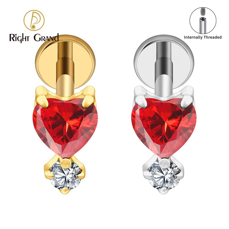 Right Grand ASTM F136 Titanium Internal Thread Heart Garnet CZ Labret Ring 16G Flat Back Cartilage Stud Earring Conch Helix Lip Piercing Jewelry