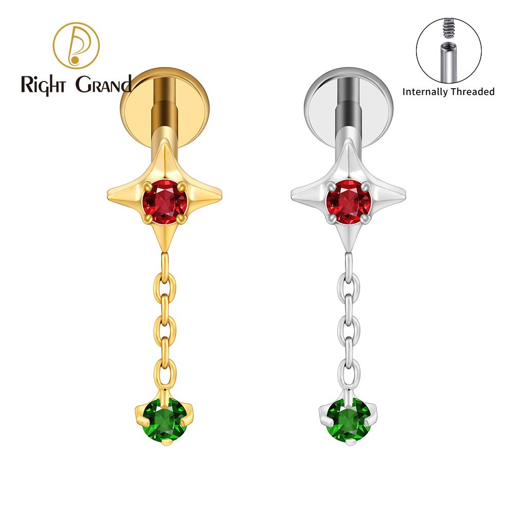 Right Grand ASTM F136 Titanium Internal Thread 16G Tiny Four Point Star Chain Dangle CZ Flat Back Stud Cartilage Earring Helix Tragus Nose Piercing Jewelry
