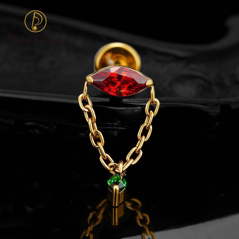 Right Grand ASTM F136 Titanium 16G Internal Thread Marquise CZ Chain Dangle Labret Stud Helix Conch Cartilage Tragus Flat Back Piercing