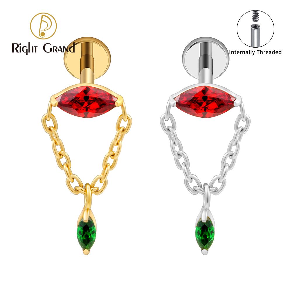 Right Grand ASTM F136 Titanium 16G Internal Thread Marquise CZ Chain Dangle Labret Stud Helix Conch Cartilage Tragus Flat Back Piercing