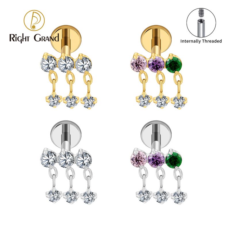Right Grand ASTM F136 Titanium Internal Thread 16G Triple CZ Dangle Flat Back Stud Cartilage Earring Helix Tragus Nose Piercing Jewelry