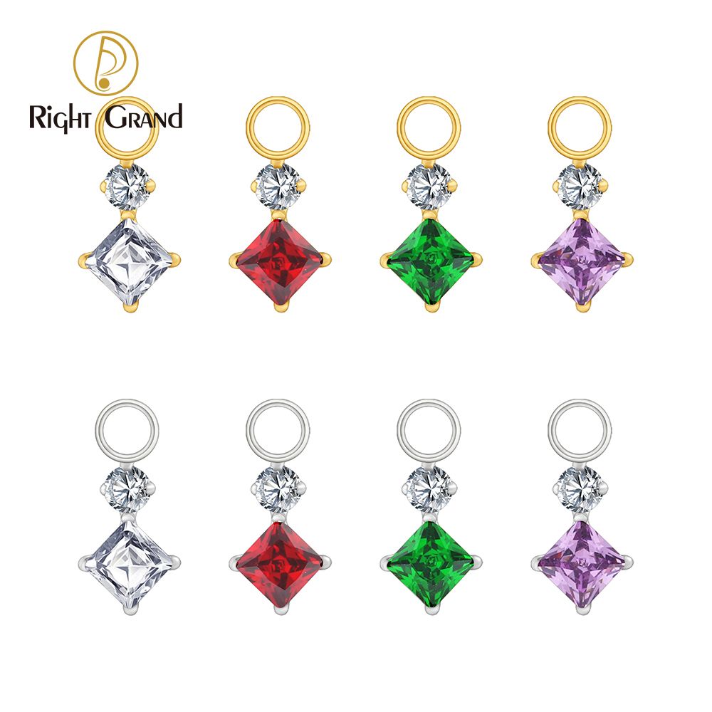 Right Grand ASTM F136 Titanium Round &amp; Square CZ Charm for Ear Lobe Dangle Hoop Huggie Earrings