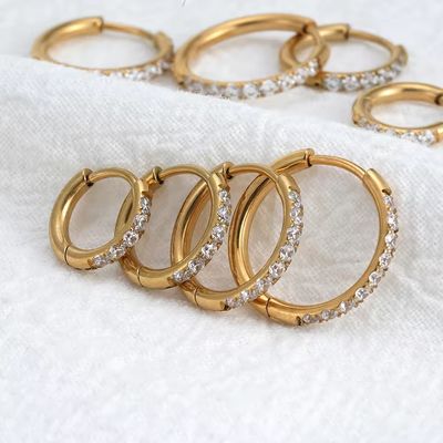 Right Grand Fashion Hypoallergenic Women Gold Plated Cz Zircon Cubic Zirconia Diamond Huggie Stainless Steel Hoop Earrings