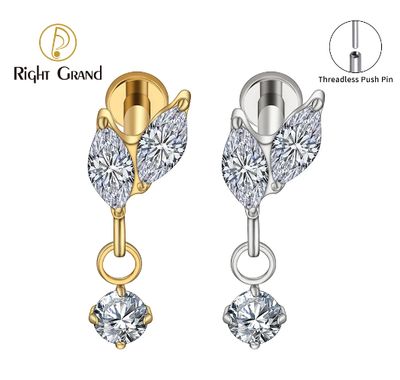 Right Grand ASTM F136 Titanium 18G/16G Threadless Push Pin Marquise CZ Dangle Tragus Piercing Drop Cartilage Helix Flat Earring