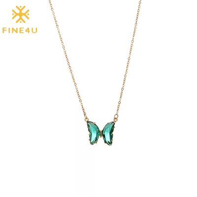 Right Grand Stainless Steel Jewelry Women Vintage Pink Green Purple Zircon Cz Stone Crystal Butterfly Necklace