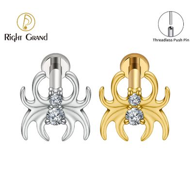 Right Grand ASTM F136 Titanium Spider CZ Threadless Cartilage Earring Push Pin Labret Stud Nose Tragus Helix Flat Stud Piercing
