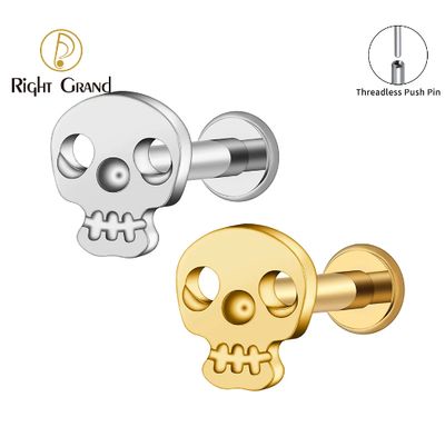 Right Grand ASTM F136 Titanium Push Fit Threadless Skull Labret Tragus Cartilage Helix Earring Monroe Stud Flatback Piercing